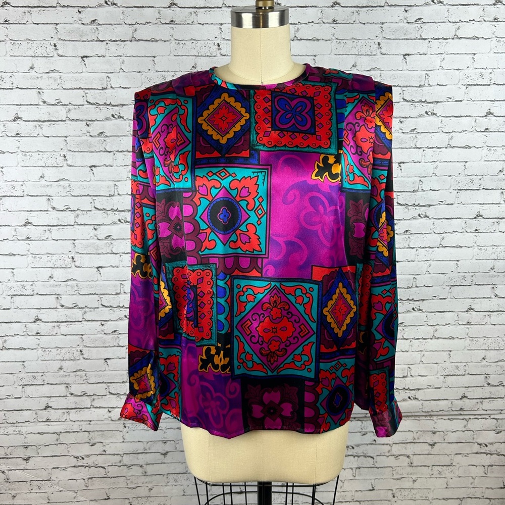 Vintage Vibrant Multicolor Geometric Print Women's Blouse size 12